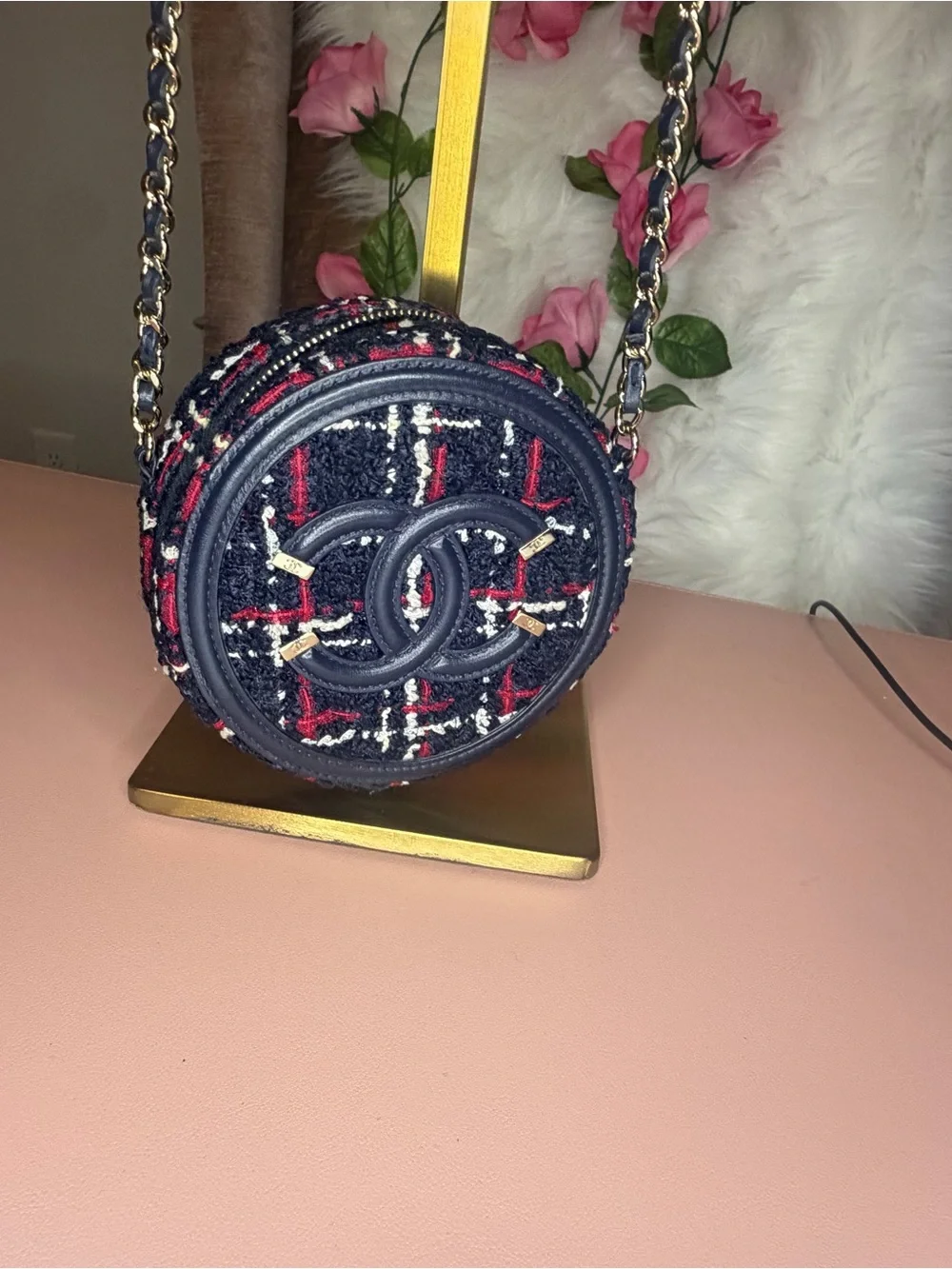 Chanel Filigree Round Clutch with Chain Tweed Navy Red Crossbody Bag